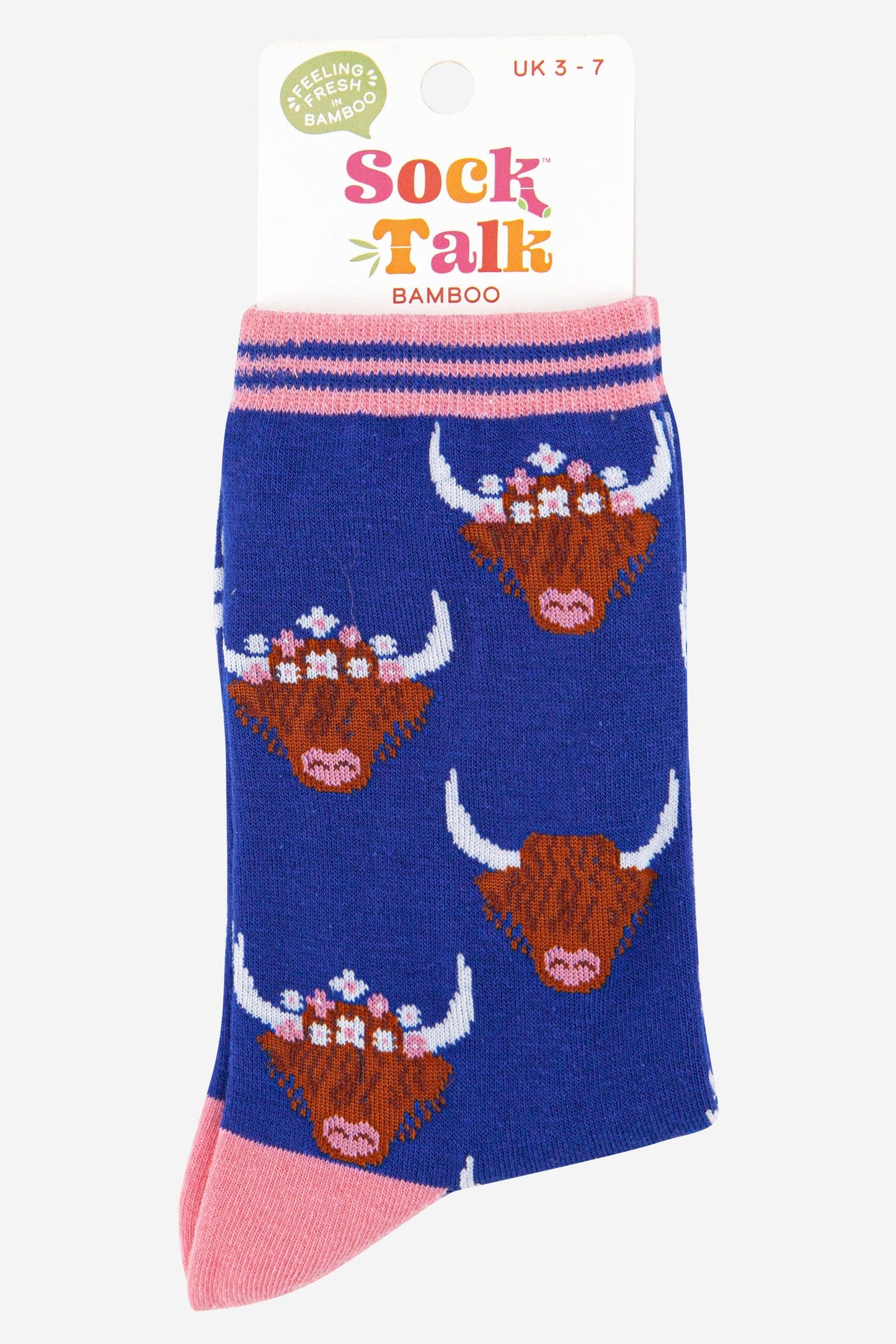 Women's Highland Cow With Floral Crown Bamboo Socks in Blue: UK 3-7 | EU 36-40